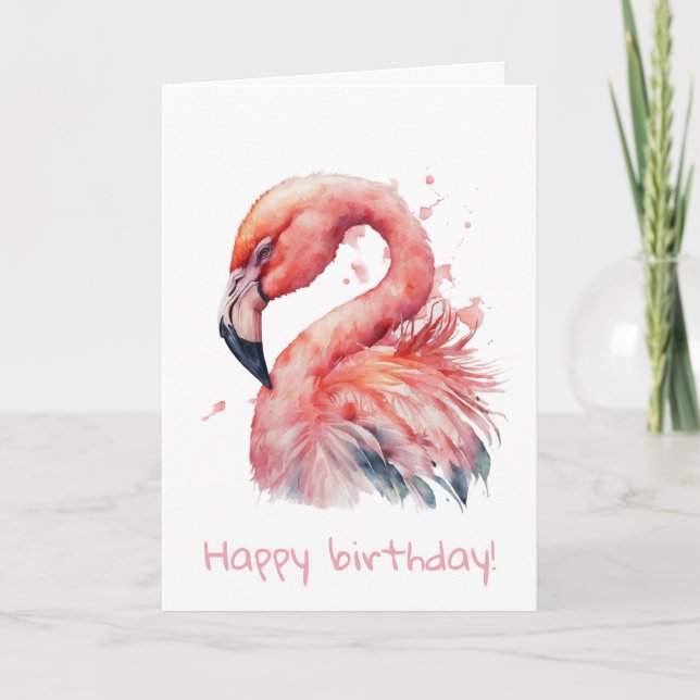 Pink watercolor flamingo birthday  card (Front)