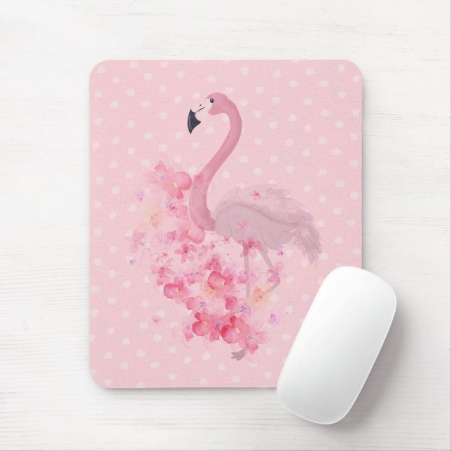 Pink Watercolor Flamingo Floral and Dots Mouse Mat (With Mouse)