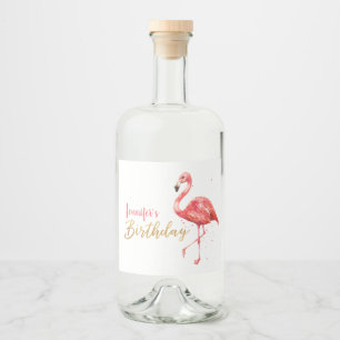 Pink Watercolor Flamingo Gold Glitter Birthday Liquor Bottle Label
