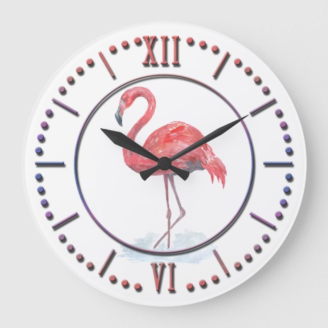 Pink watercolor Flamingo . Large Clock (Front)