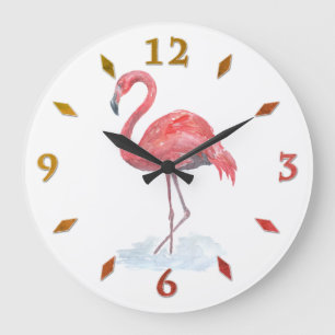 Pink watercolor Flamingo . Large Clock