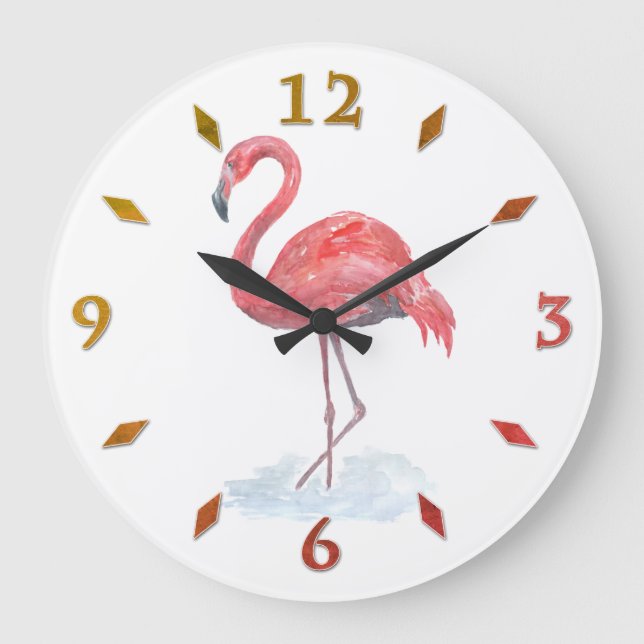Pink watercolor Flamingo . Large Clock (Front)