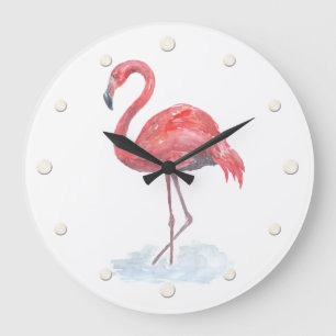 Pink watercolor Flamingo . Large Clock