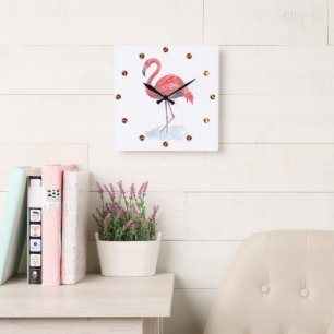 Pink watercolor Flamingo . Square Wall Clock