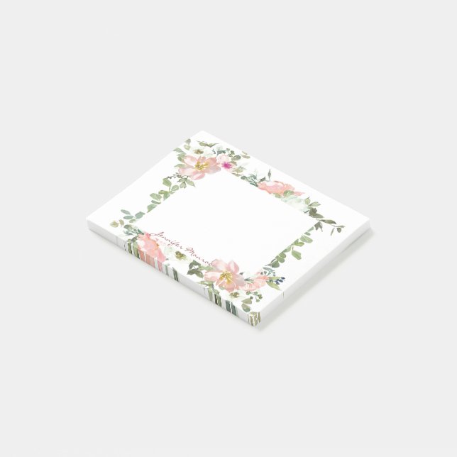 Pink watercolor flora personalised post-it notes (Angled)