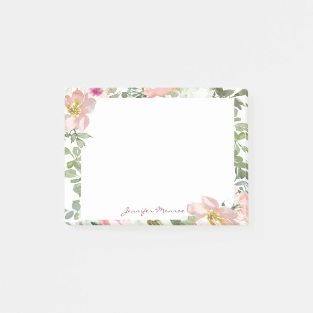 Pink watercolor flora personalised post-it notes (Front)