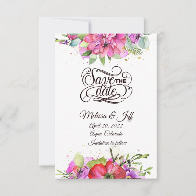 Pink watercolor flora save the date invitation (Front)