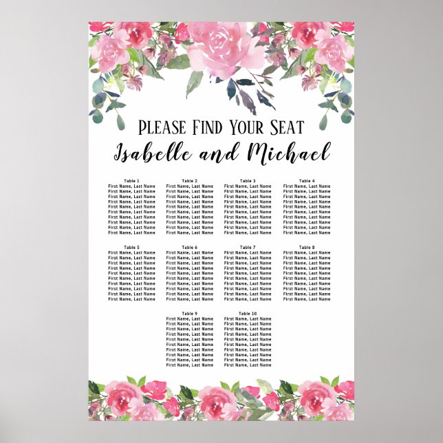 Pink Watercolor Floral 10-Table Seating Chart (Front)