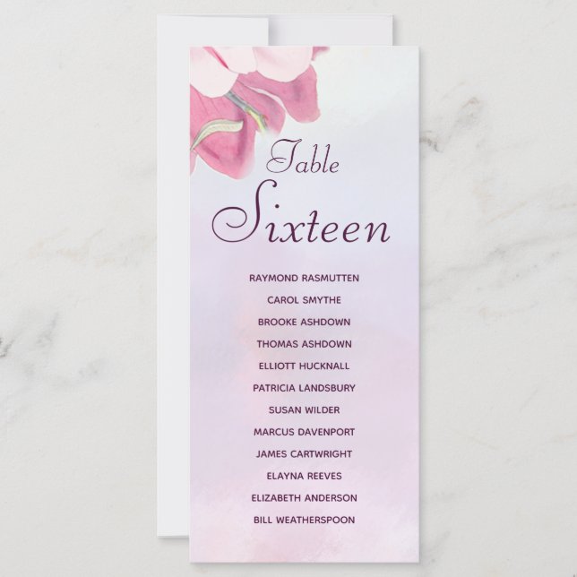 Pink Watercolor Floral 12 Names Table Place Cards (Front)