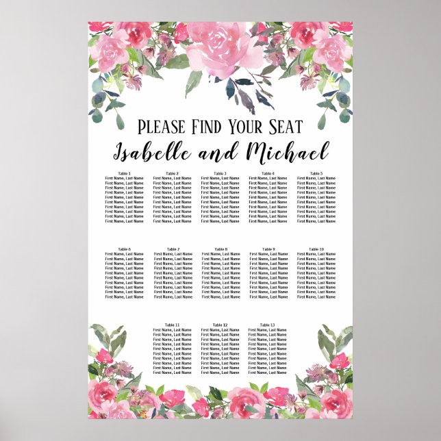Pink Watercolor Floral 13-Table Seating Chart (Front)