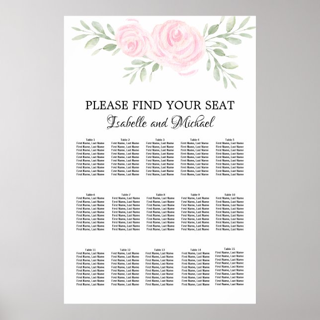 Pink Watercolor Floral 15-Table Seating Chart (Front)