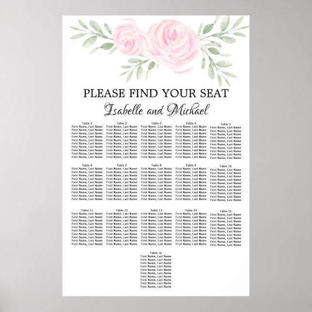 Pink Watercolor Floral 16-Table Seating Chart (Front)