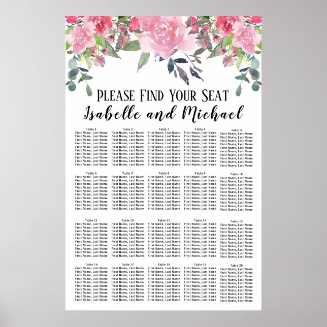 Pink Watercolor Floral 20-Table Seating Chart (Front)