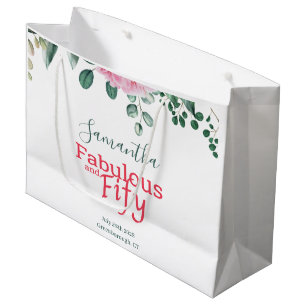 Pink Watercolor Floral 50th Birthday Party Favour Large Gift Bag