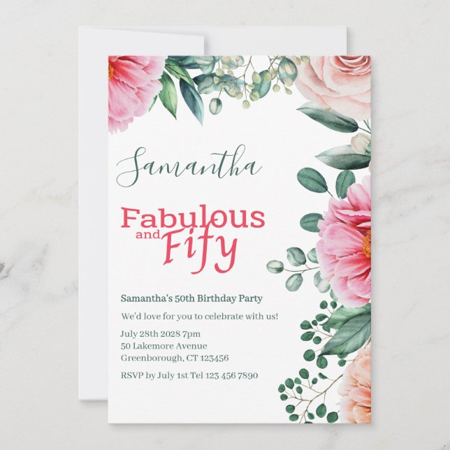 Pink Watercolor Floral 50th Birthday Party Invitation (Front)