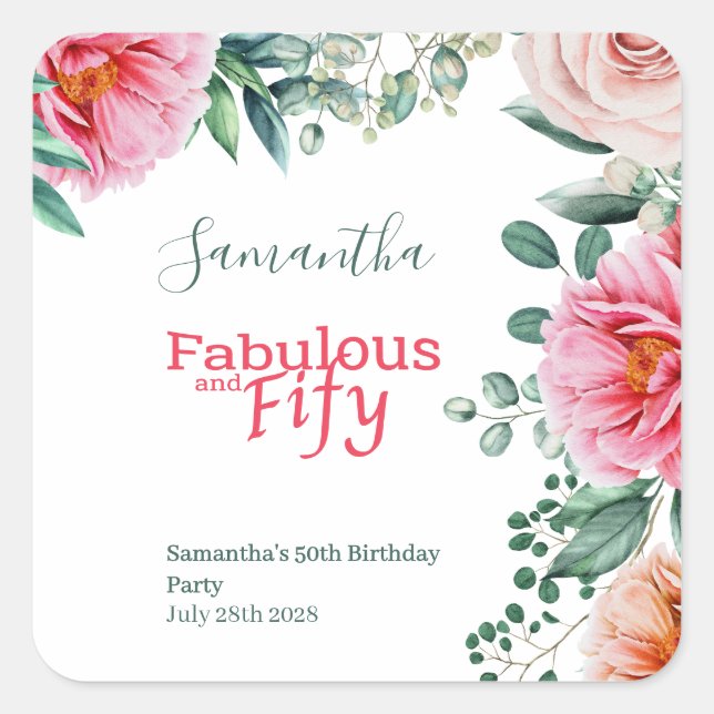 Pink Watercolor Floral 50th Birthday Party Square Sticker (Front)