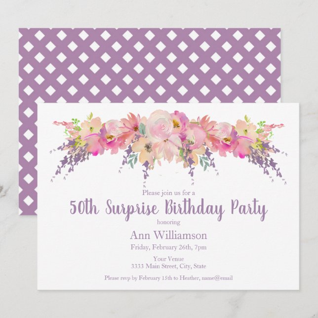 Pink Watercolor Floral 50th Surprise Birthday Invitation (Front/Back)