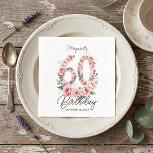 Pink Watercolor Floral 60th Milestone Birthday Napkin