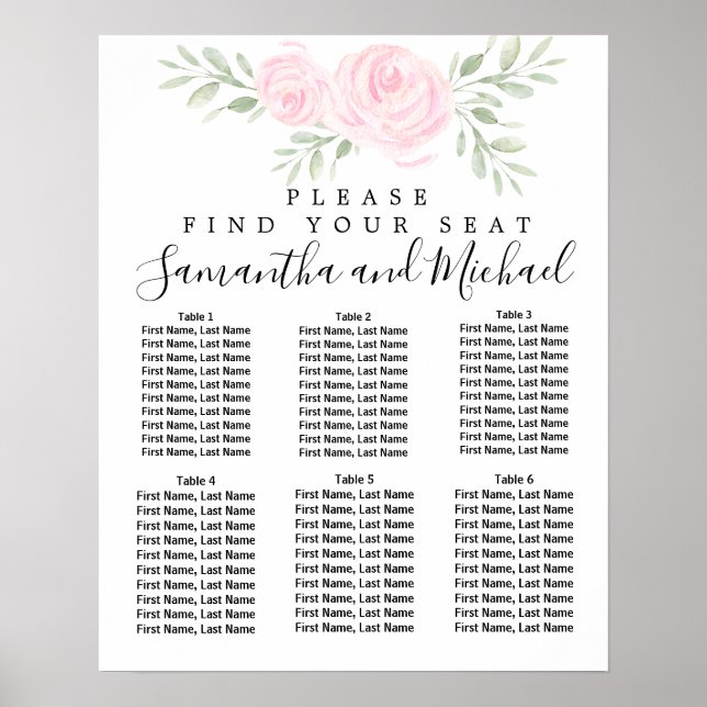 Pink Watercolor Floral 6-Table Seating Chart (Front)
