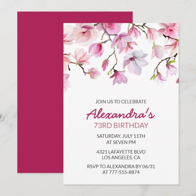 Pink Watercolor Floral 73rd birthday Invitation (Front/Back)