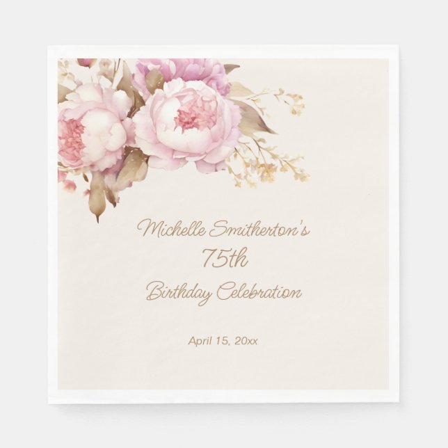 Pink Watercolor Floral 75th Birthday  Napkin (Front)