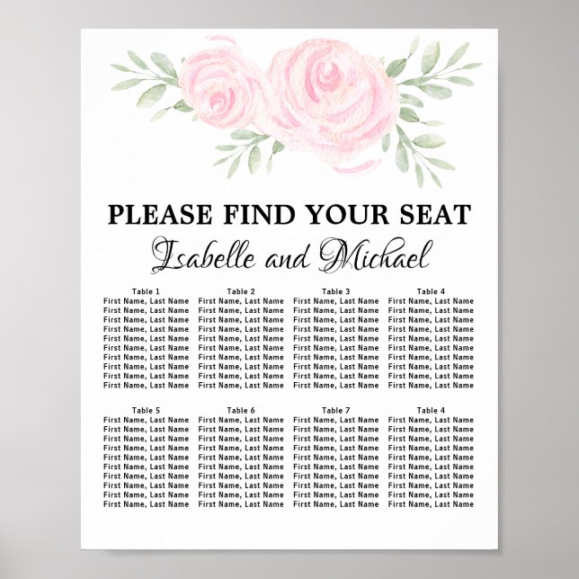 Pink Watercolor Floral 8-Table Seating Chart (Front)