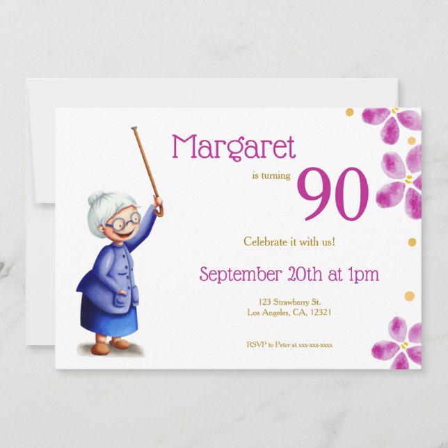 Pink Watercolor Floral 90th Birthday Grandmother Invitation (Front)