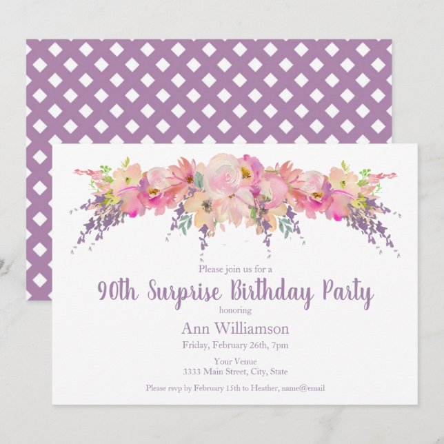 Pink Watercolor Floral 90th Surprise Birthday Invitation (Front/Back)