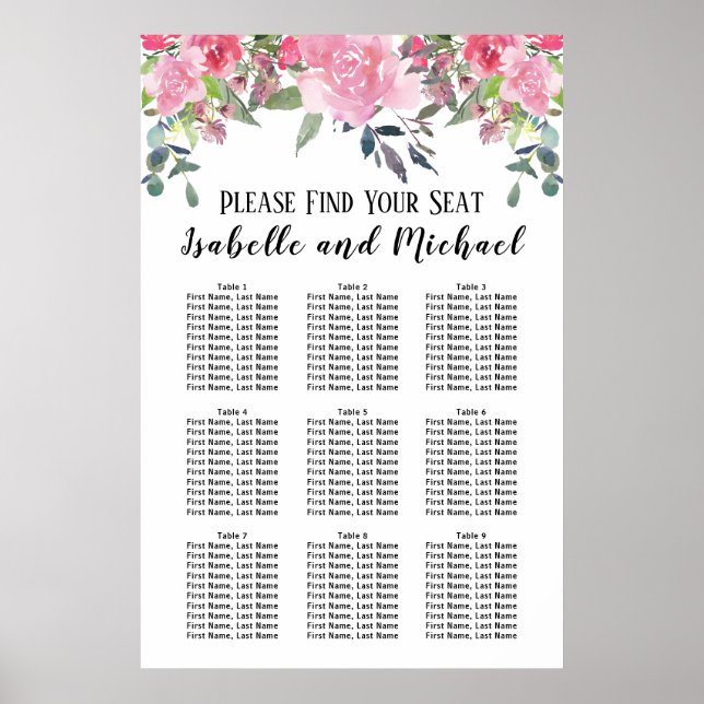 Pink Watercolor Floral 9-Table Seating Chart (Front)