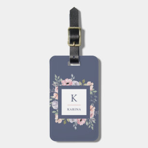 Pink Watercolor Floral and Monogram on Dark Blue Luggage Tag