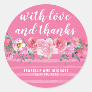 Pink Watercolor Floral and Stripes Wedding Classic Round Sticker