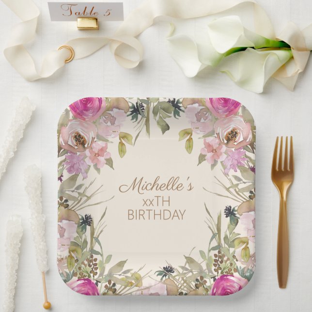 Pink Watercolor Floral Any Age Birthday  Paper Plate (Wedding)