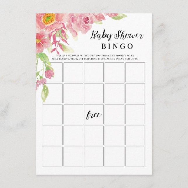 Pink Watercolor Floral Baby Shower Bingo Game Card (Front)