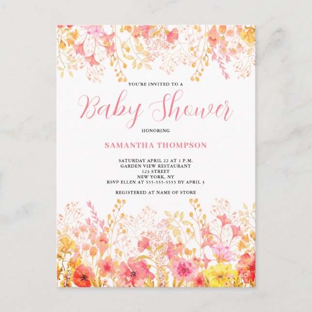 Pink Watercolor Floral Baby Shower Invitation Postcard (Front)