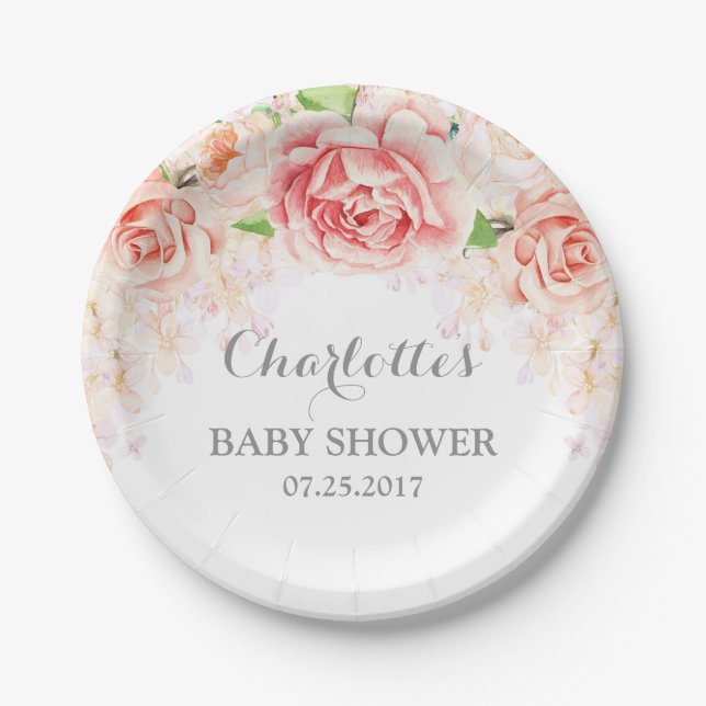 Pink Watercolor Floral Baby Shower Plate (Front)