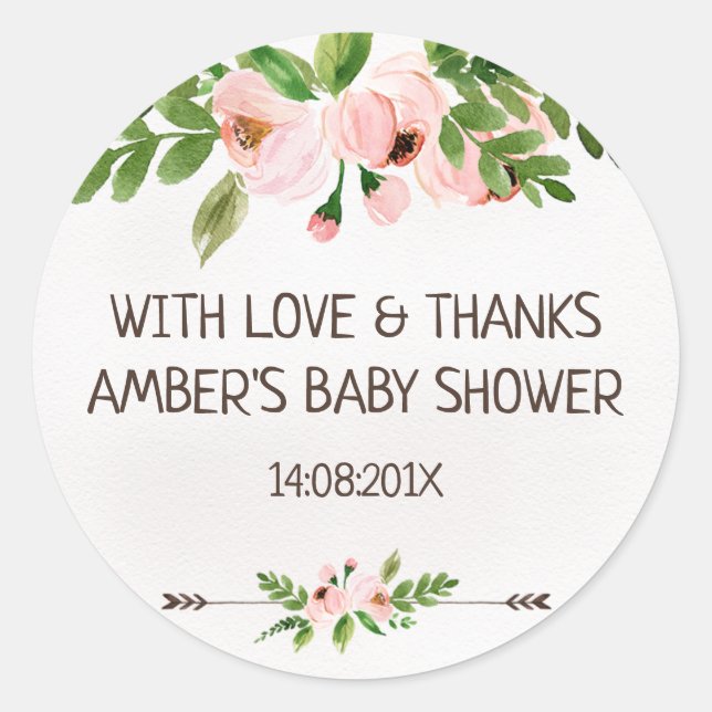 Pink Watercolor Floral Baby Shower Sticker (Front)