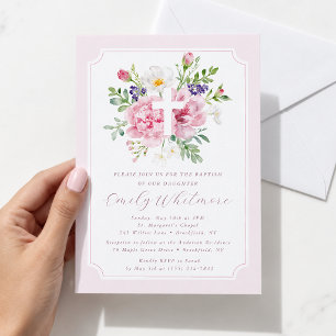 Pink Watercolor Floral Baptism Invitation for Girl