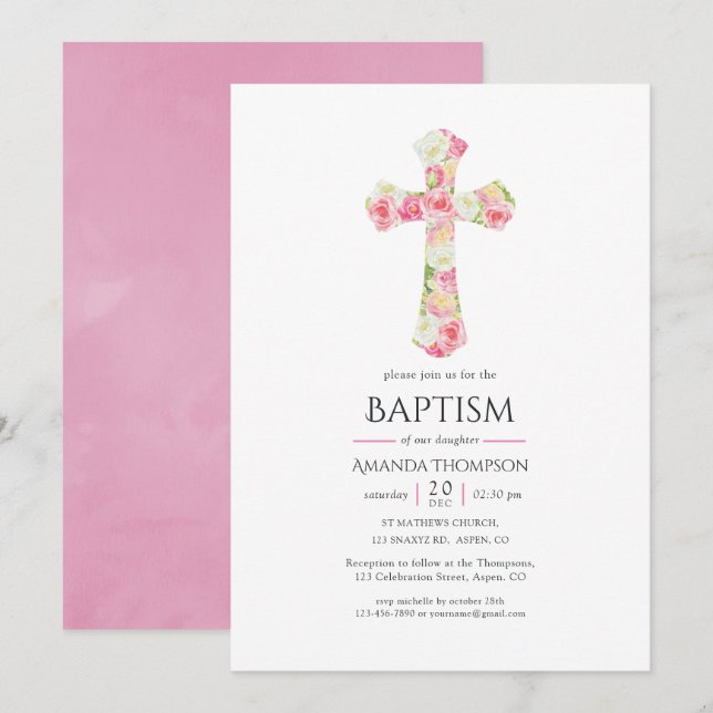 Pink Watercolor Floral Baptism or Christening Invitation (Front/Back)
