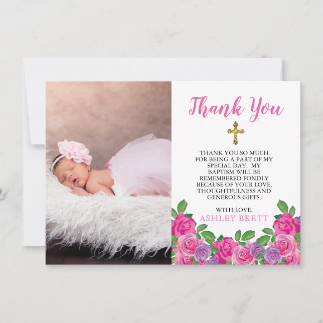 Pink Watercolor Floral Baptism Photo Thank You (Front)