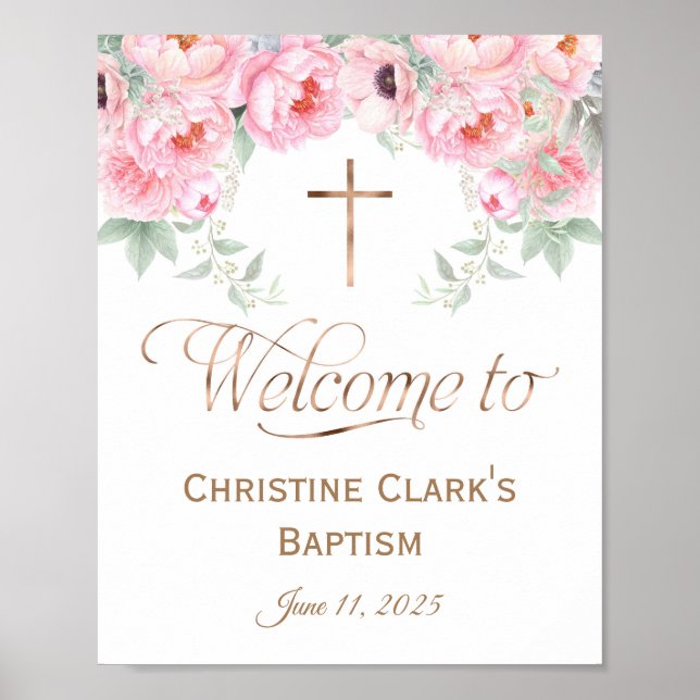 Pink, Watercolor, Floral, Baptism Welcome sign (Front)