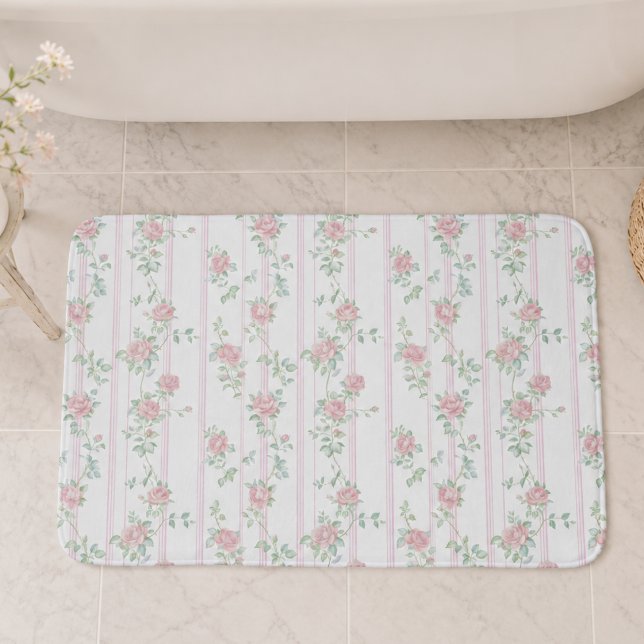 Pink Watercolor Floral Bath Mat (cute vintage girly coquette pink floral rose pattern bath mat)