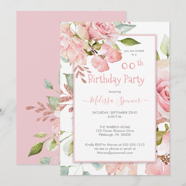 Pink Watercolor Floral Birthday Party Invitation (Front/Back)
