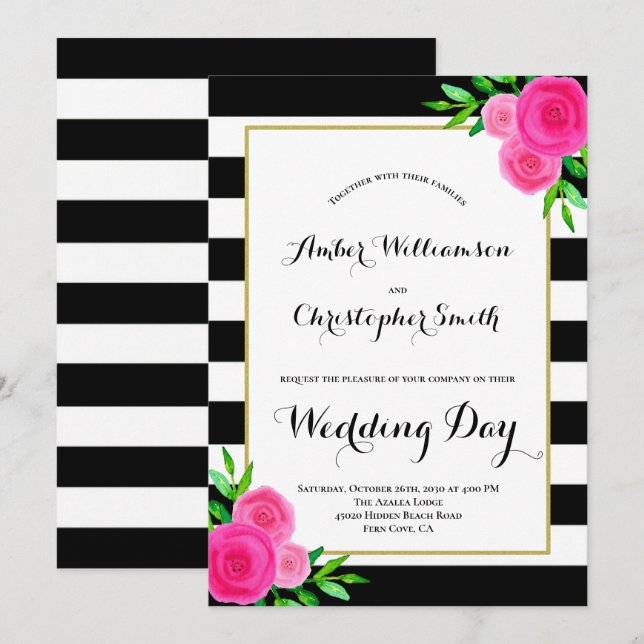 Pink Watercolor Floral Black White Stripes Wedding Invitation (Front/Back)