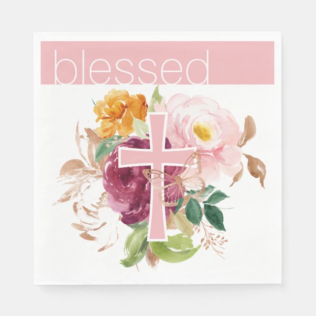 Pink Watercolor Floral Blessed Napkin (Front)