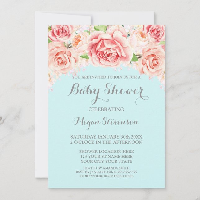 Pink Watercolor Floral Blue Baby Shower Invitation (Back)