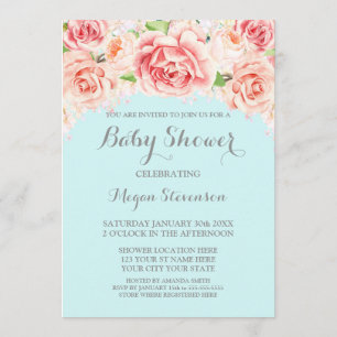 Pink Watercolor Floral Blue Baby Shower Invitation
