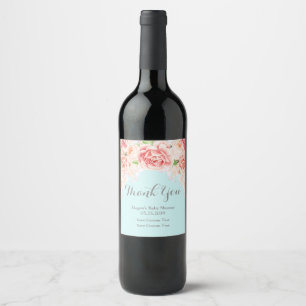 Pink Watercolor Floral Blue Baby Shower Wine Label