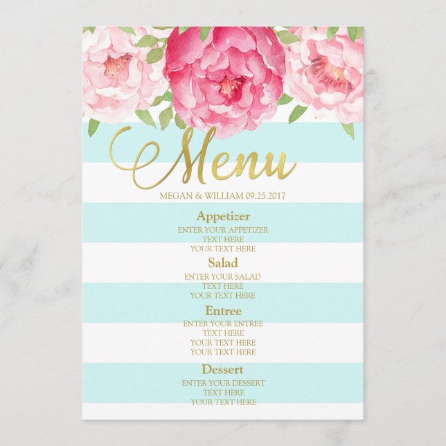Pink Watercolor Floral Blue Stripes Wedding Menu (Front)