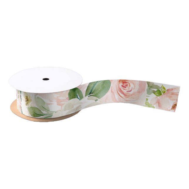 Pink Watercolor Floral Blushing Blooms Satin Ribbon (Spool)