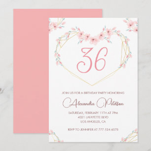 Pink Watercolor Floral Boho  36th birthday  Invitation